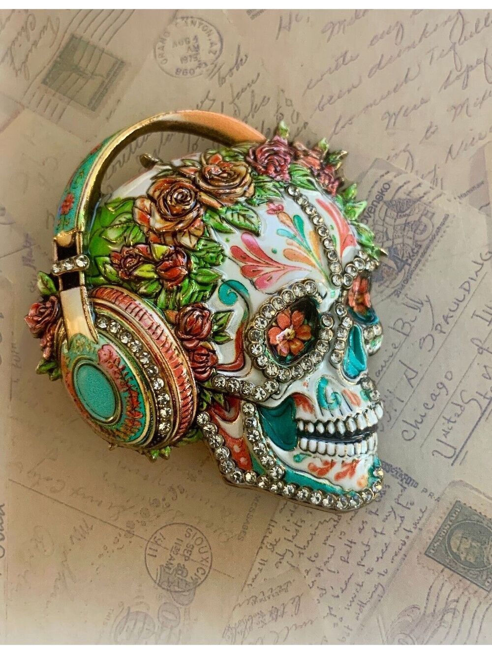 Enamel Floral Sugar Skull Rhinestone Gothic Music Headphones Brooch